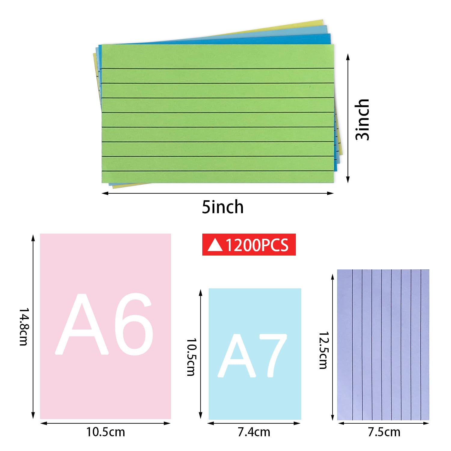 TFLFL Index Paper Cards 3x5 Inch, 1200PCS Flash Cards, Thin Note Cards Paper 8 Colors Ruled Index
