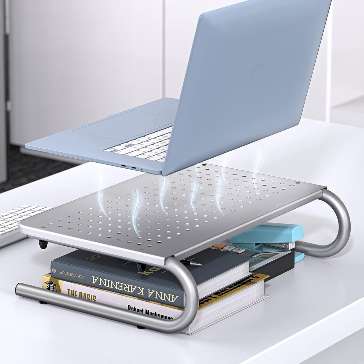 HUANUO Monitor Riser for Desk, Laptop Stand with Vented Steel Shelf, Silver