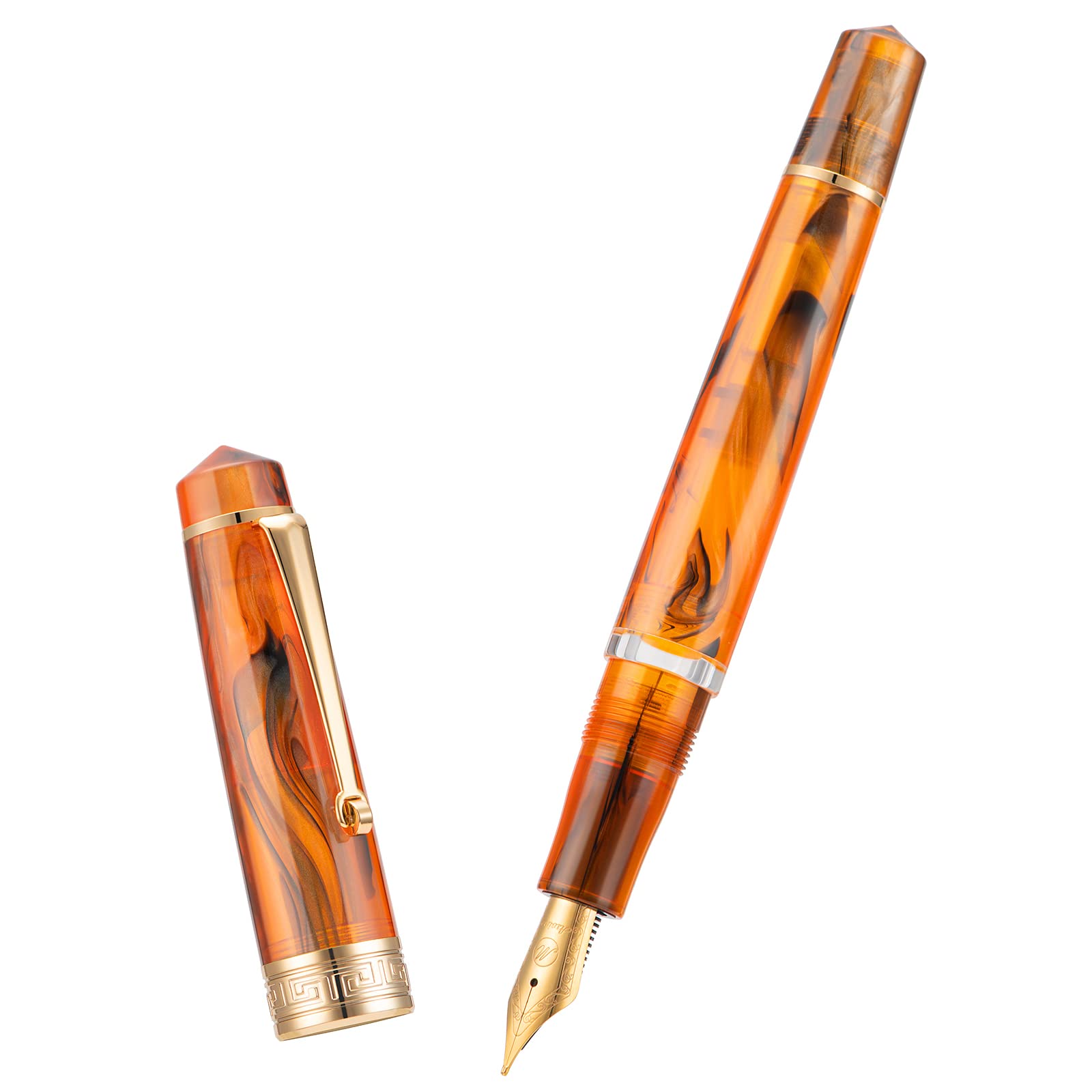 Asvine P20 Piston Fountain Pen Amber Resin, Iridium Extra Fine Nib Gold Trim Smooth Writer