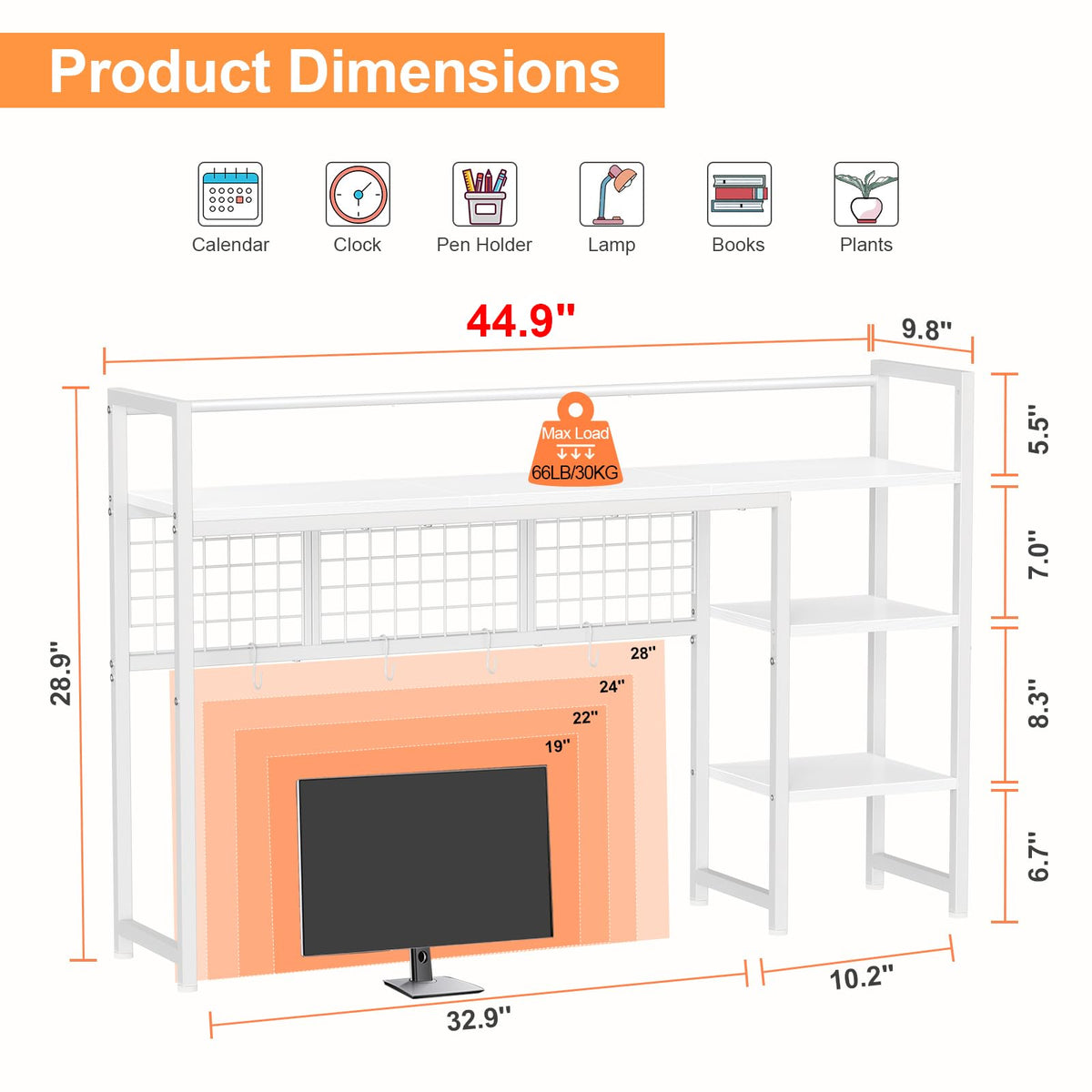 Snughome Desk Shelf, 44.9" Desktop Organizer Shelf, Desk Hutch for Computer Monitor, 4 Tier Desk