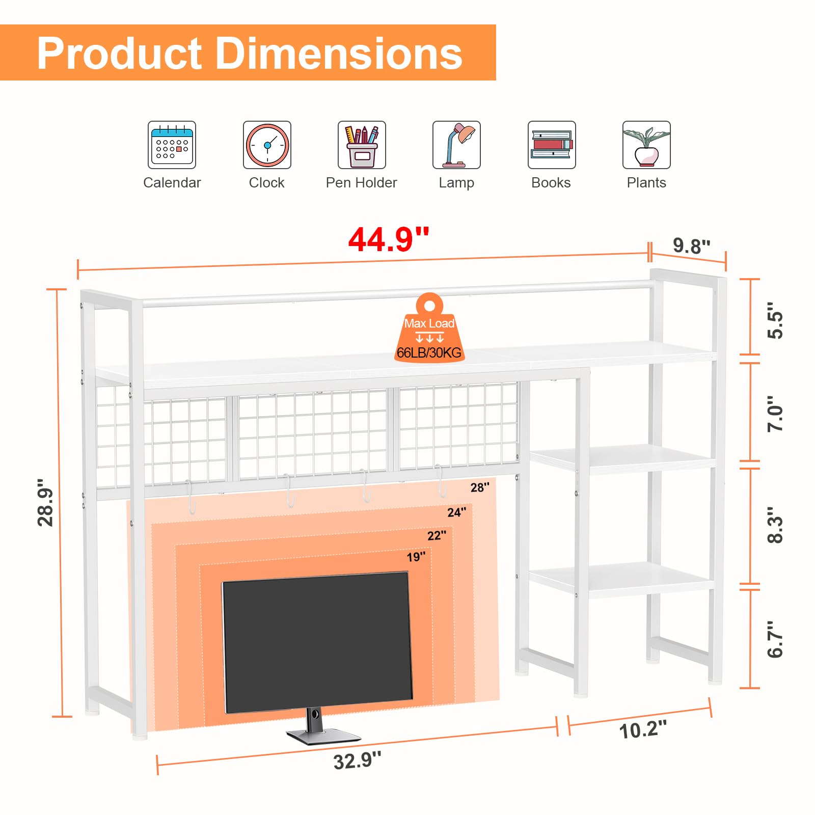 Snughome Desk Shelf, 44.9" Desktop Organizer Shelf, Desk Hutch for Computer Monitor, 4 Tier Desk
