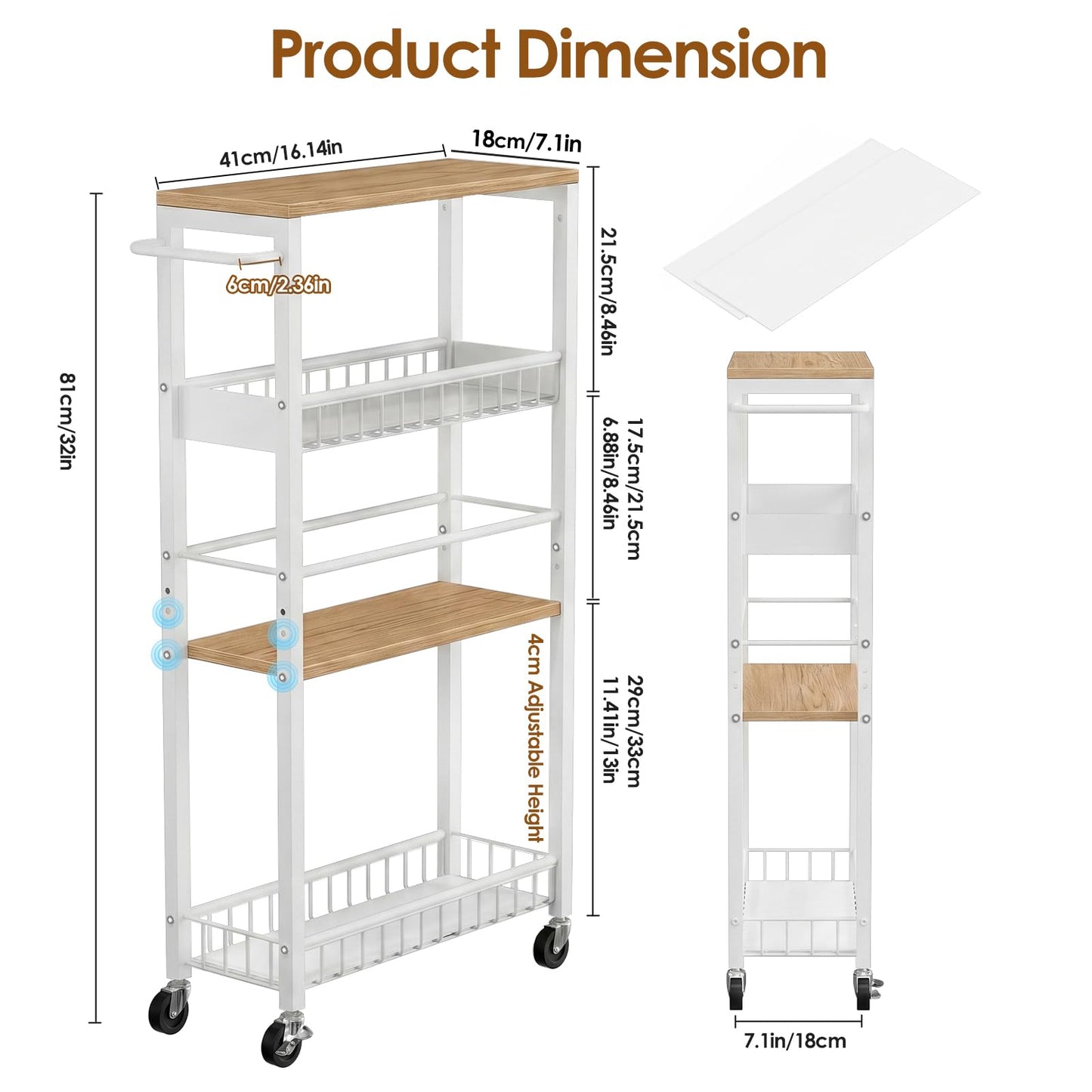 Kssiaz Slim Rolling Storage Cart, 4 Tier Narrow Storage Cart, 7.1in(W)