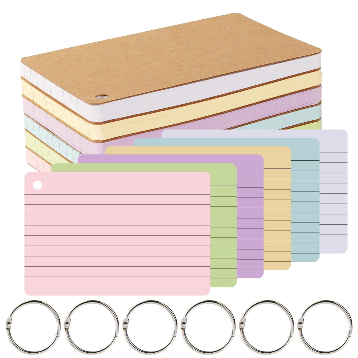 zmybcpack 6 Pack 360 Pcs 4x6 Inch Lined Index Cards, Flash Card with Rings