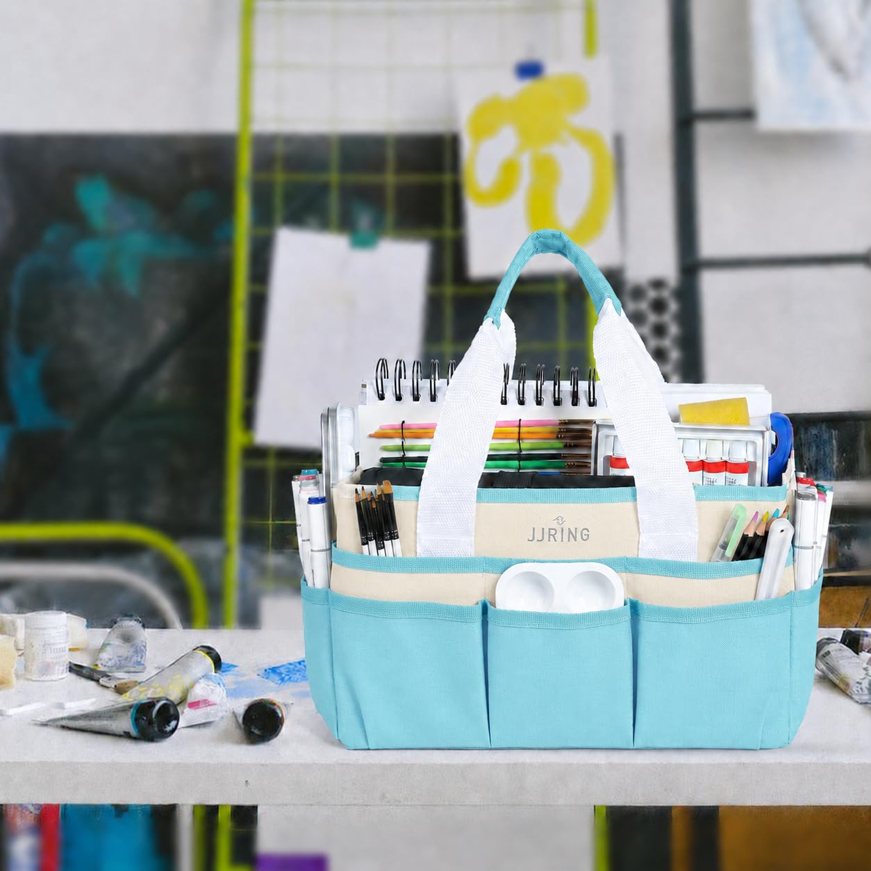 JJRING Craft Organizer Tote Bag Art Storage Caddy Sky Blue and Beige