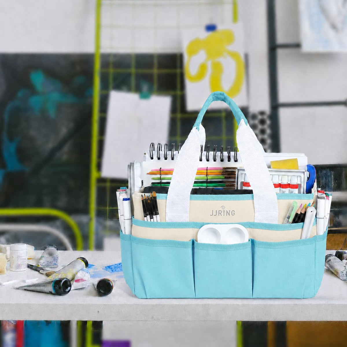 JJRING Craft Organizer Tote Bag Art Storage Caddy Sky Blue and Beige