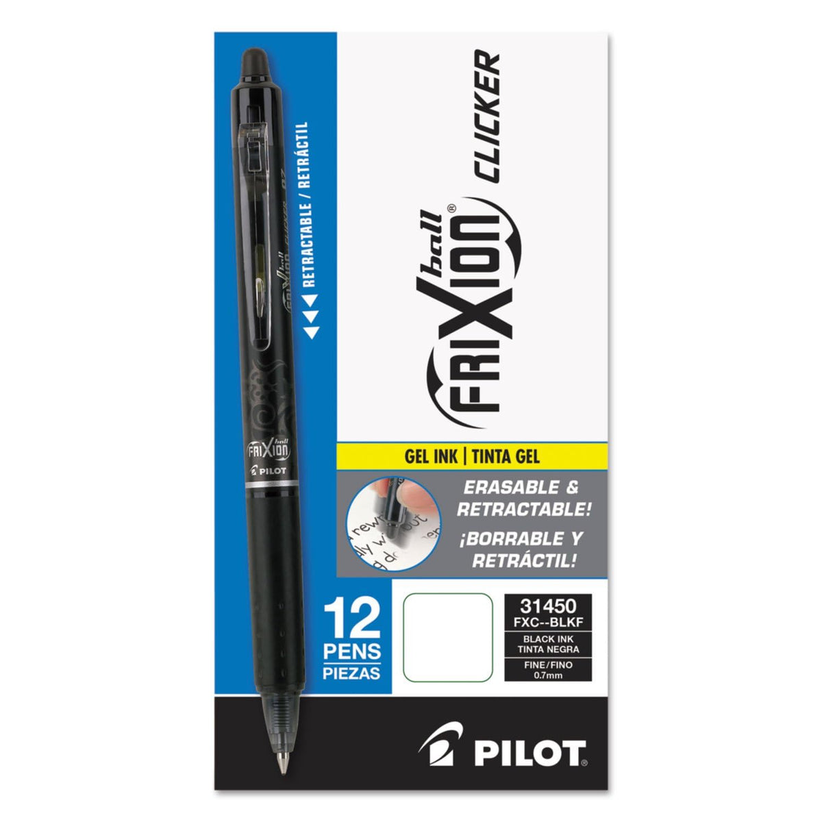 PILOT FriXion Clicker Erasable Gel Ink Pens, Fine Point 0.7mm, Black, 12Pk