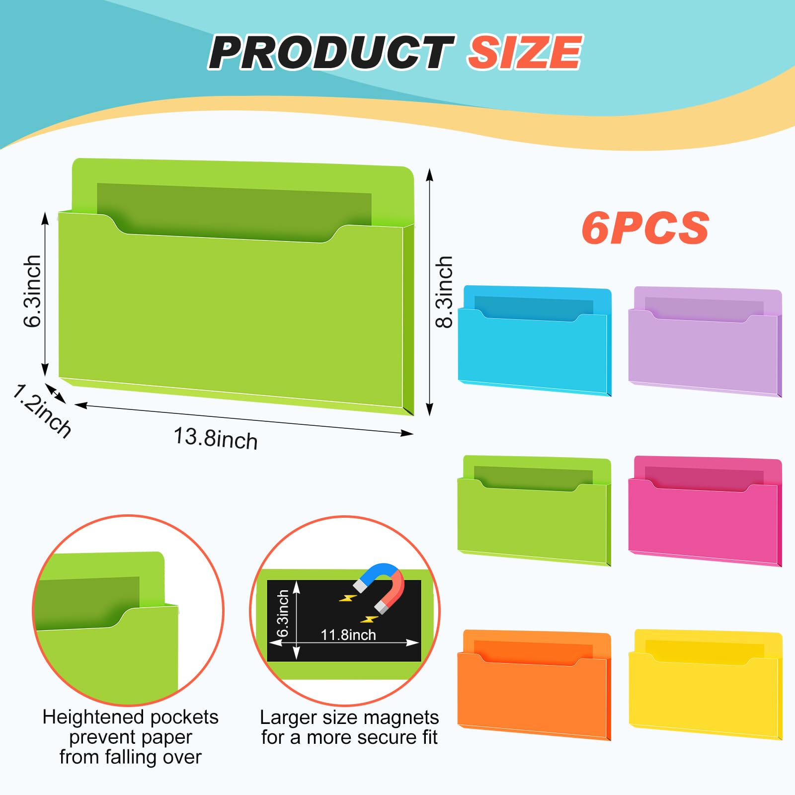 Fuutreo Magnetic Wall File Holder,6pcs,Bright Color,Horizontal-large