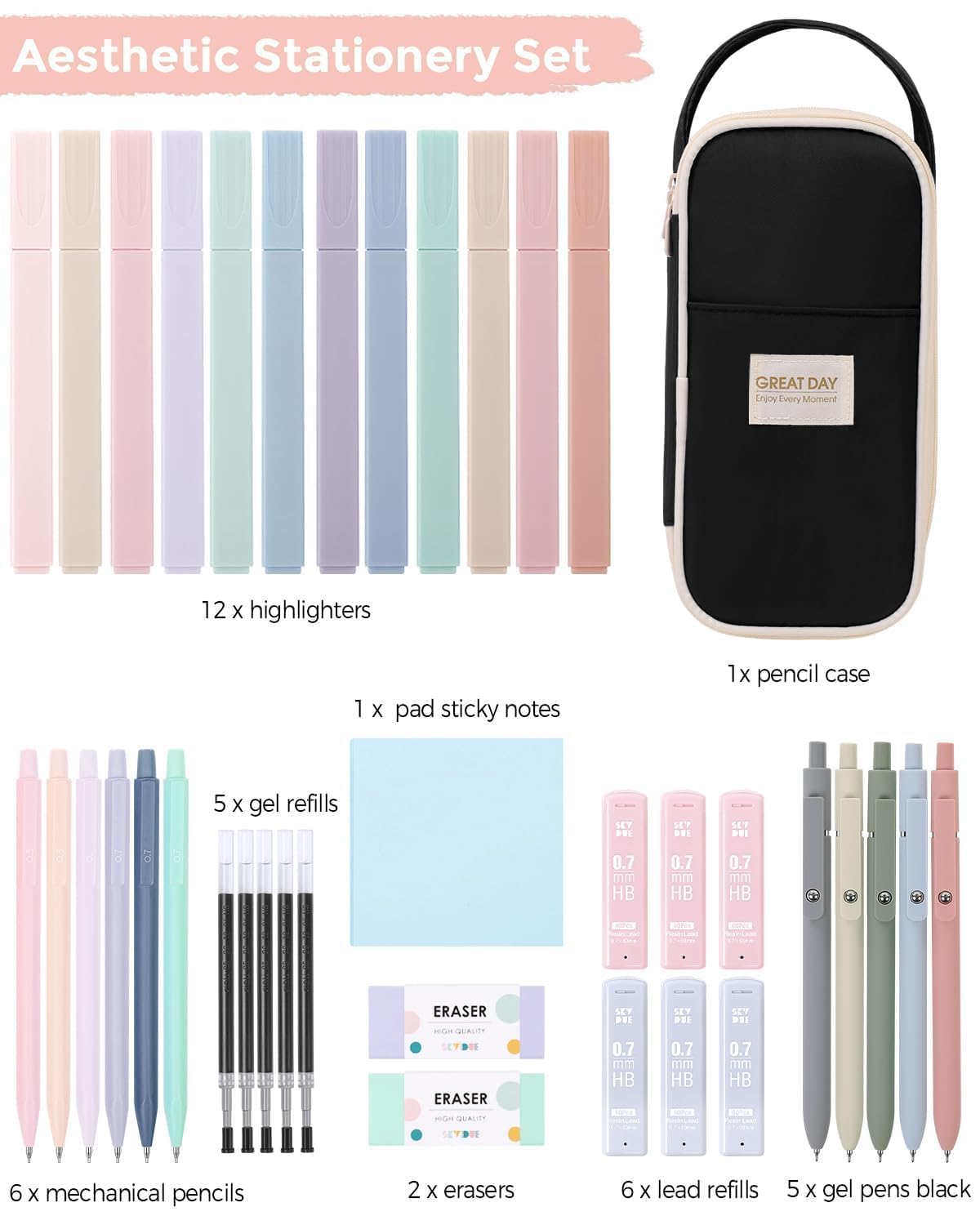 SKYDUE Aesthetic School Supplies Kit, 38 PCS Stationery Set with Large Pencil Case, Pens