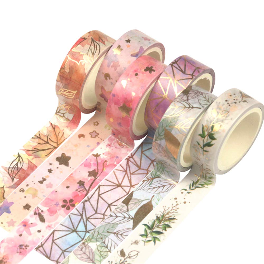 YUBBAEX Floral Gold Washi Tape Set 6 Rolls VSCO Foil Masking Tape Decorative for Arts, DIY Crafts
