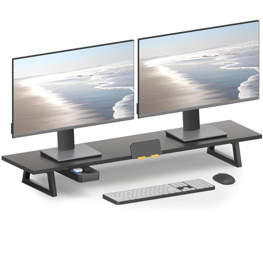 TEAMIX 39.4 inch Dual Monitor Stand Riser with Drawer & Phone Holder, Black