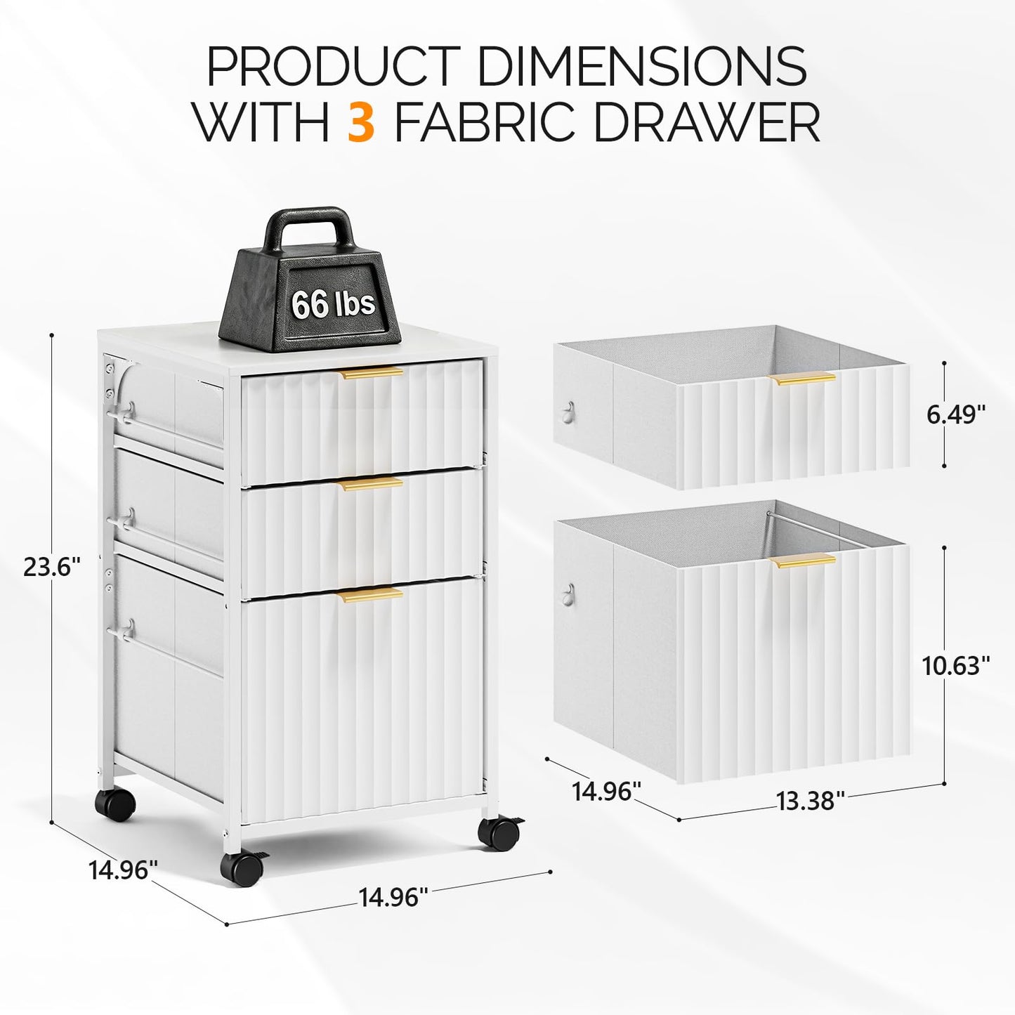 Bonnlo 3 Drawer Fluted File Cabinet, Rolling File Cabinet Mobile Under Desk File Cabinet with
