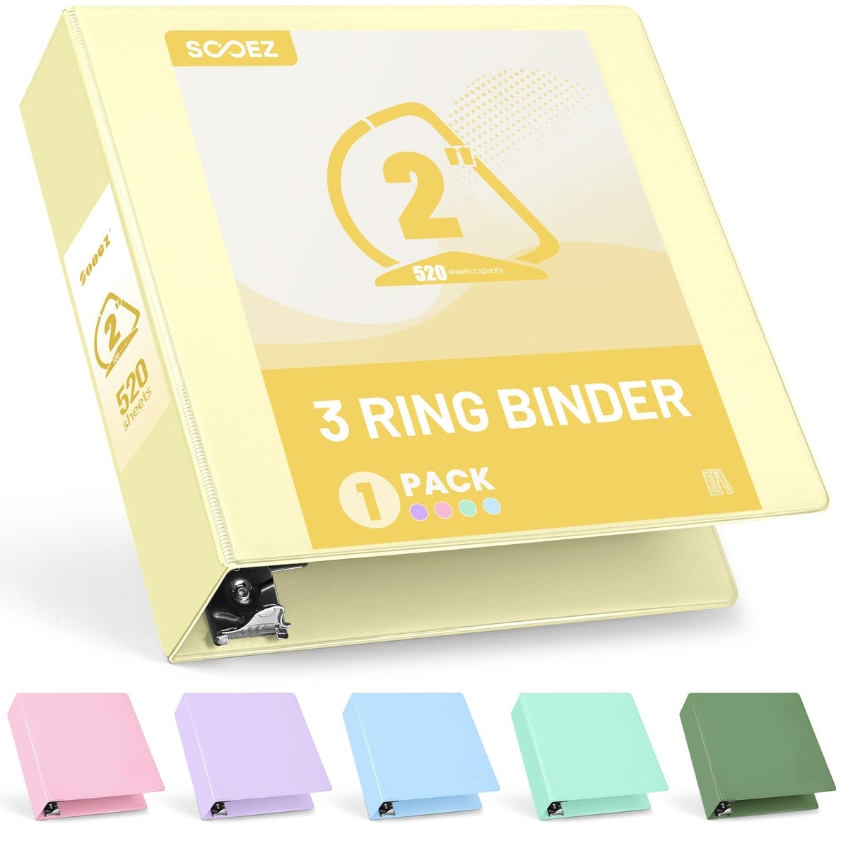Sooez 3 Ring Binder 2 Inch, D-Ring Binder with Pockets, Yellow, Letter Size