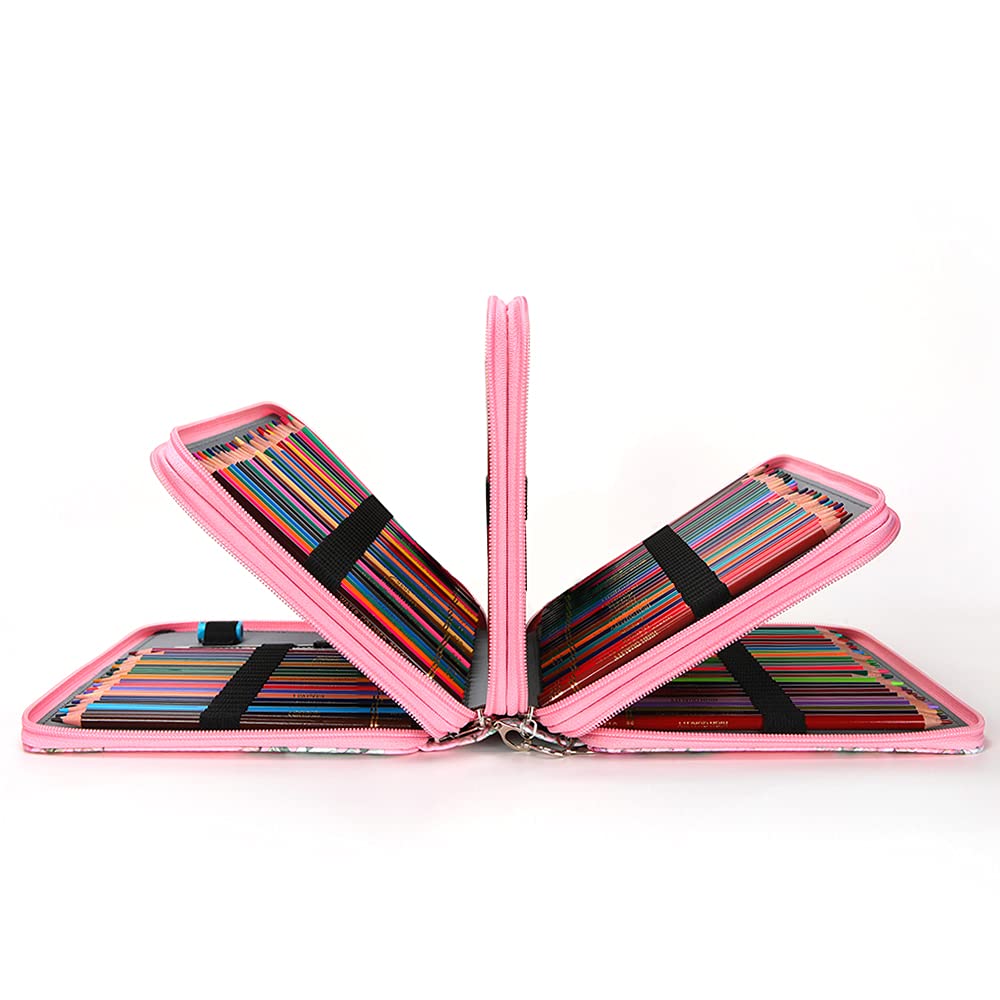 Vomgomfom 200 Slots Pencil Case 4-Layer PU Leather, Handle, Pink Rose