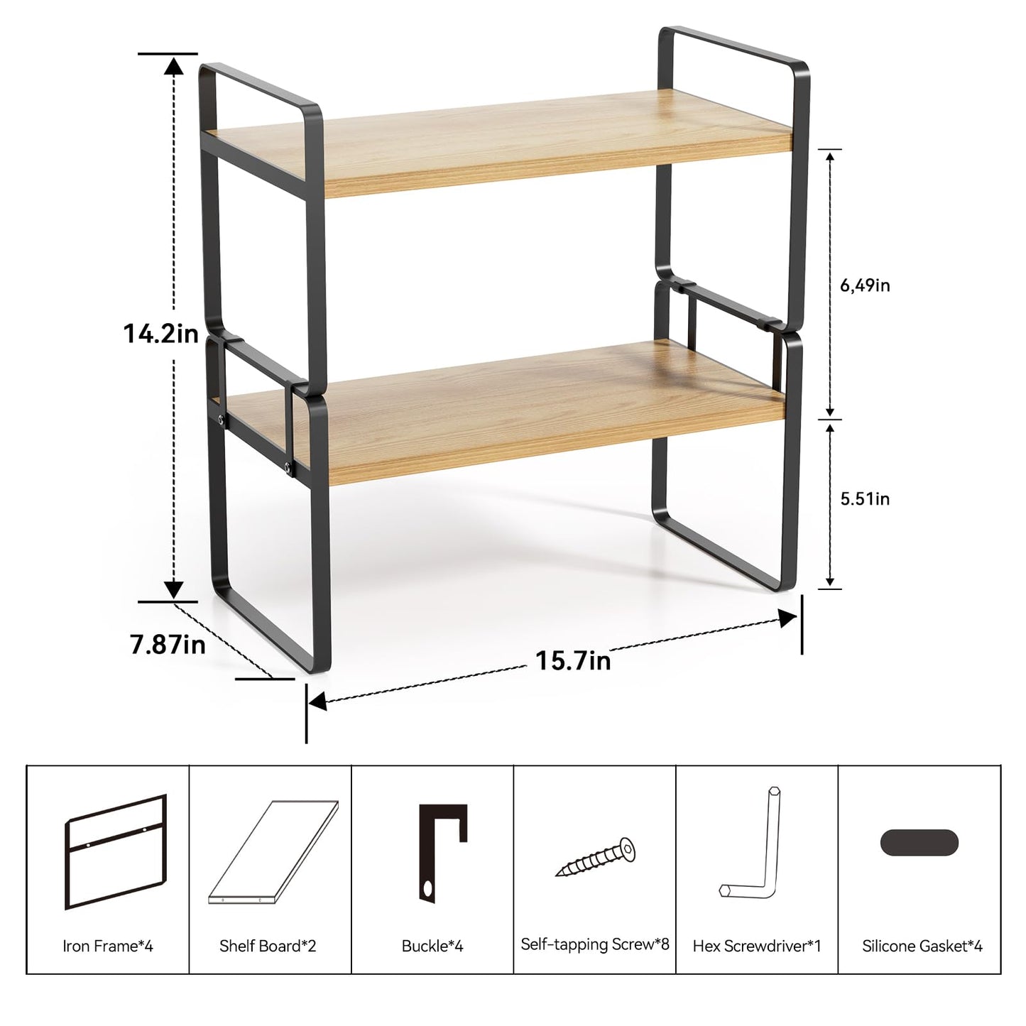 YGYQZ Desk Shelf Organizer, 2-Tier Desktop Bookshelf, Black & Wood
