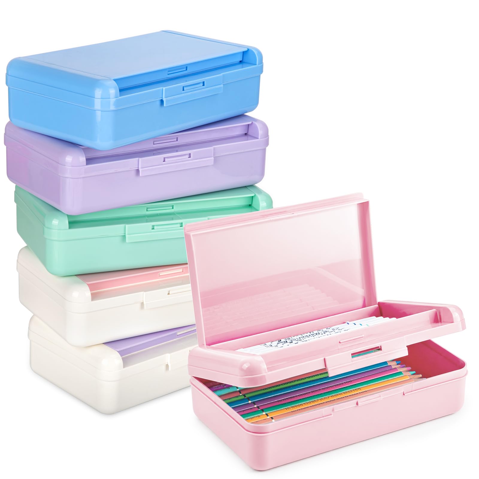 6 Pack Plastic Hard Color Double Layer Cute Pencil Box Case For Girl Boy