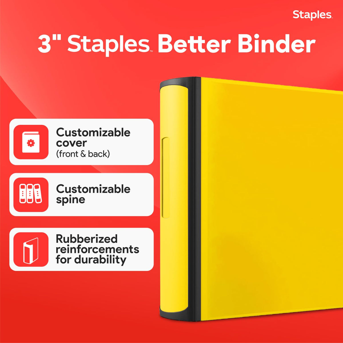 Staples Heavy-Duty 3-Inch D-Ring Binder, Yellow, Holds 600 Sheets