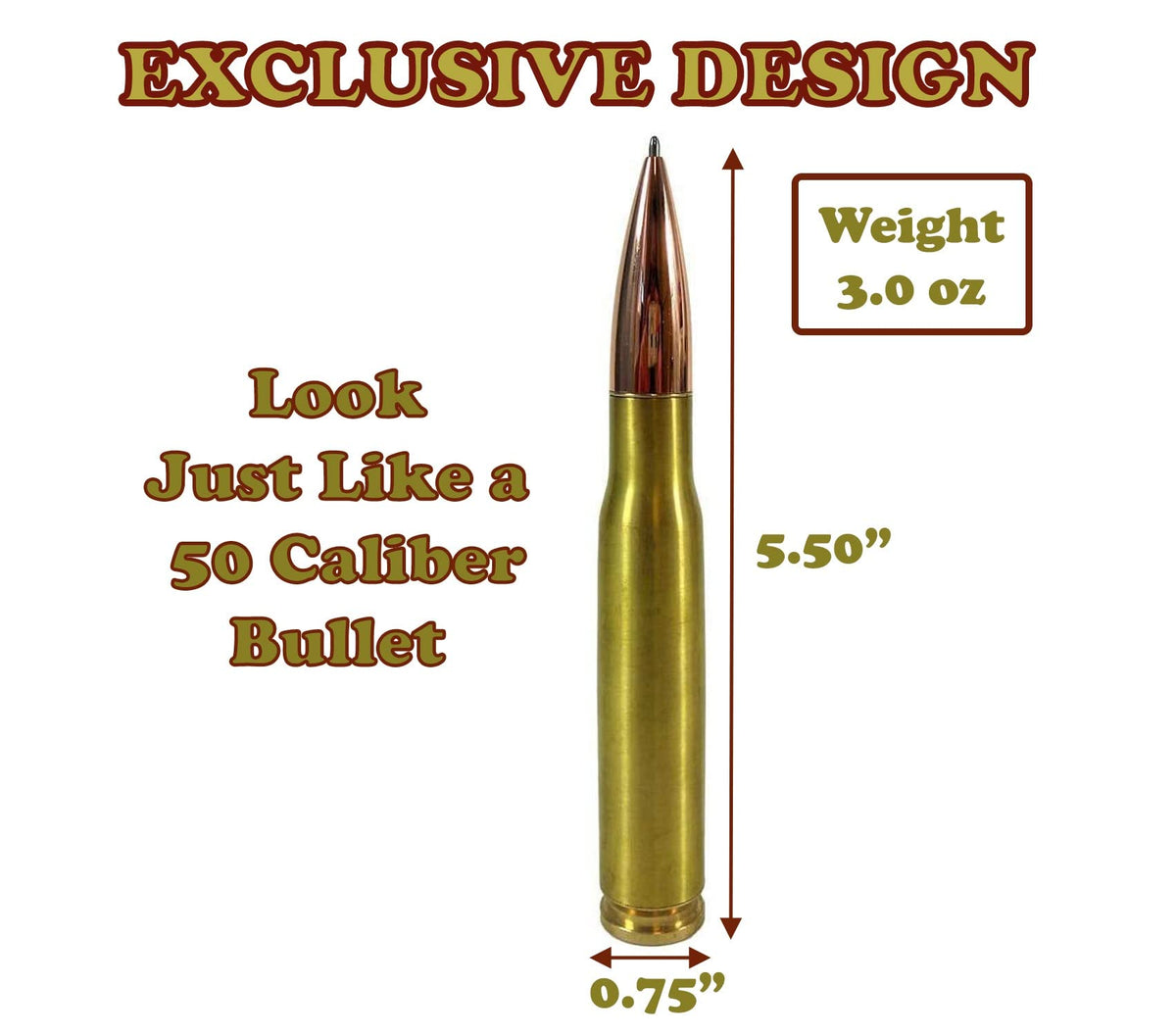 Caliber Gourmet 50 Caliber Bullet Twist Tactical Pen, Gold Plated, Realistic Refillable 50 Cal