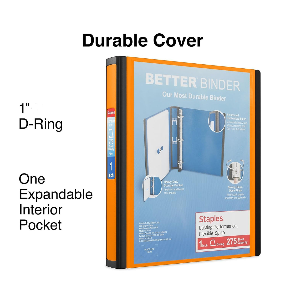 Staples Better 1-Inch D-Ring 3-Ring Binder, Orange, 275 Sheets