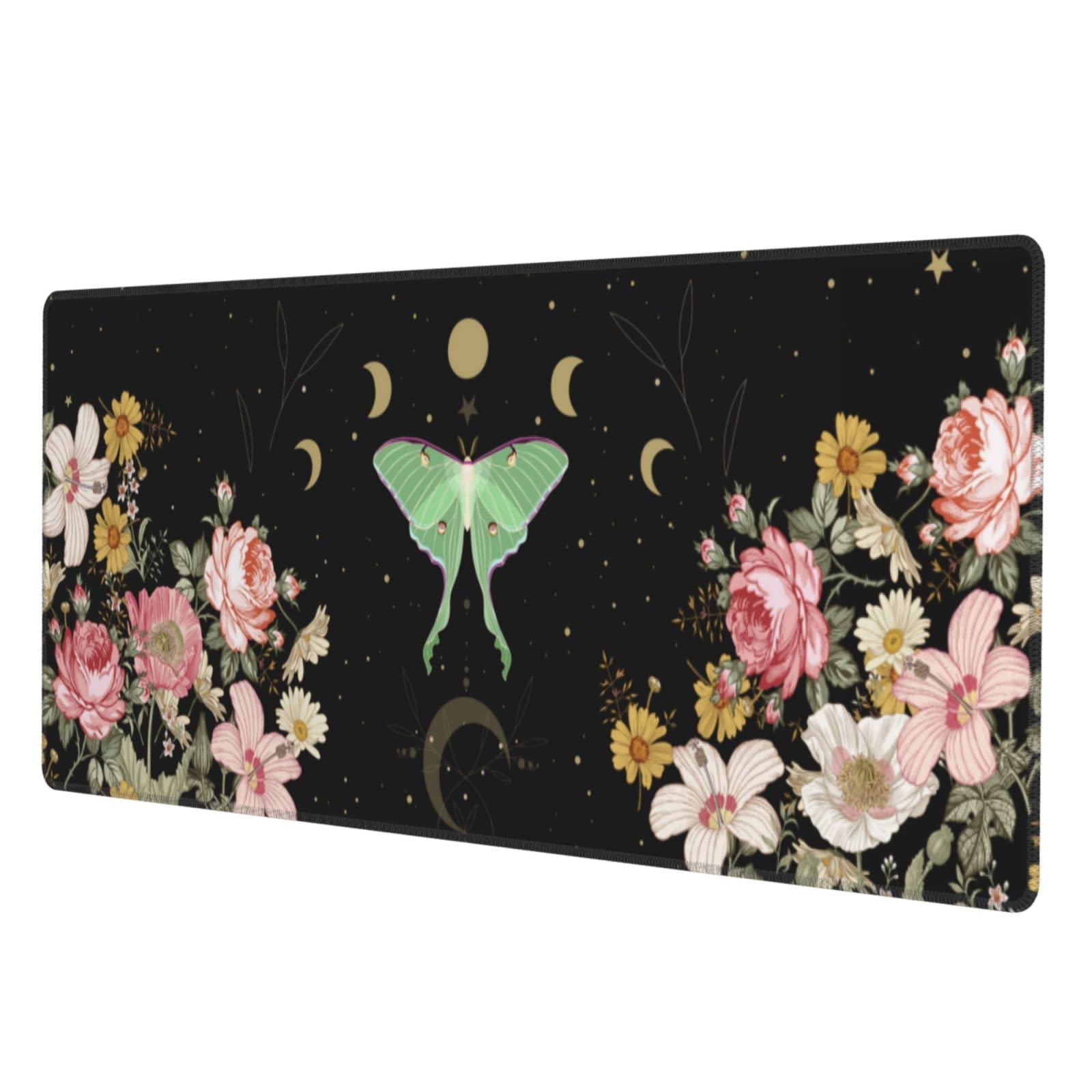 Moon Phase Moth Garden Black XXL XL Large Gaming Mouse Pad for Desk, Non-Slip Long Extended