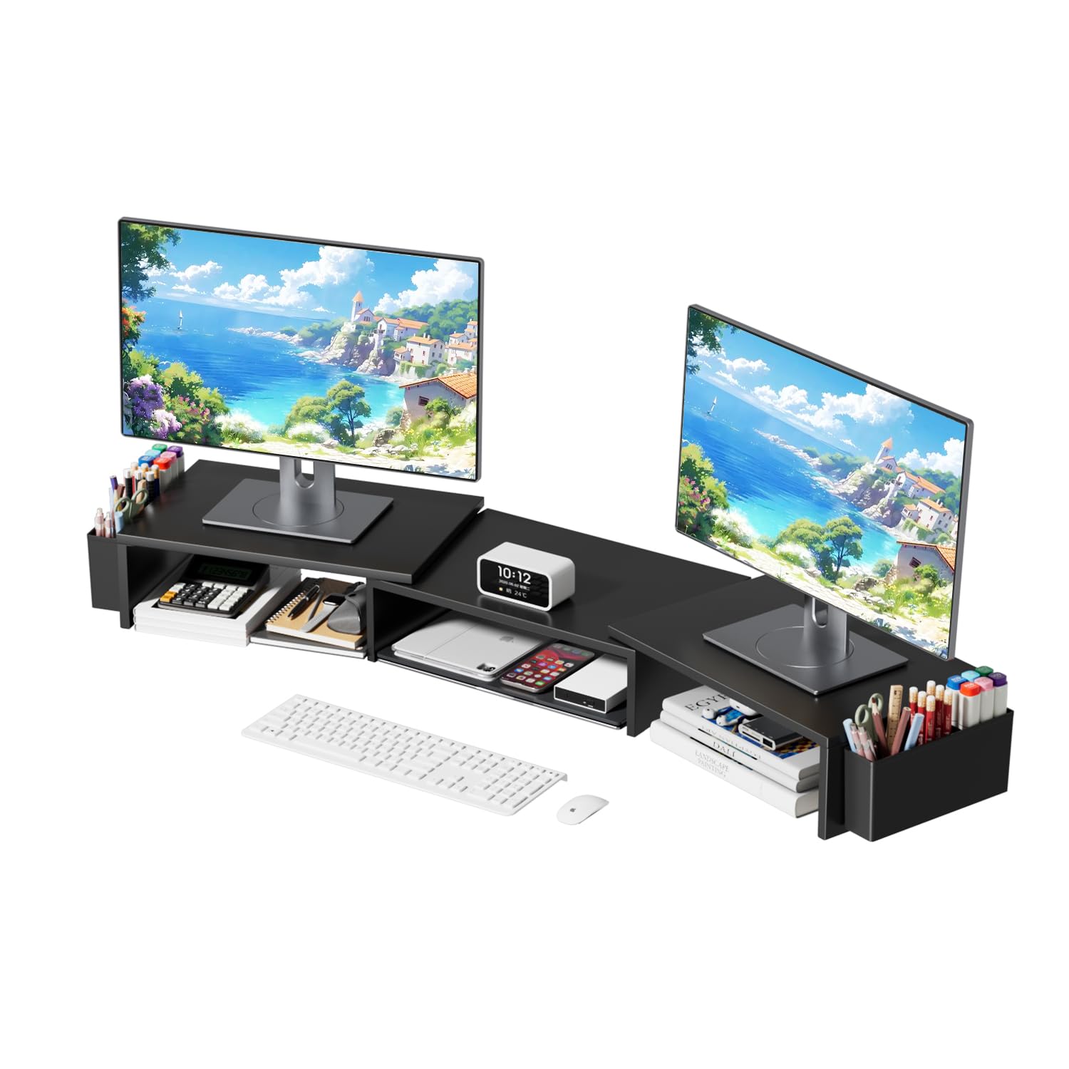 AUPSEN Dual Monitor Stand Riser with 2 Pen Holders, Desk Organizer, Black