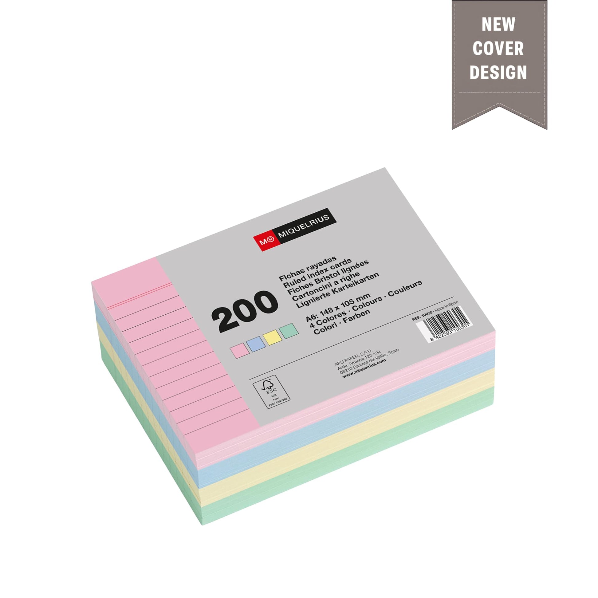 Miquelrius - Flashcards for Study, 200 Pastel Coloured Ruled Sheets, Size A6 (148 x 105 mm), Offset