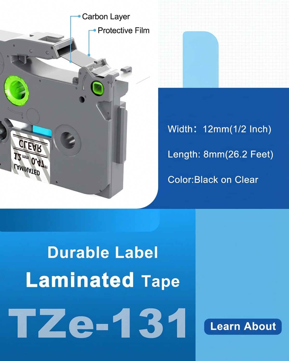MarkDomain TZe-131 Label Maker Tape 12mm 0.47" Laminated Clear Label Tape