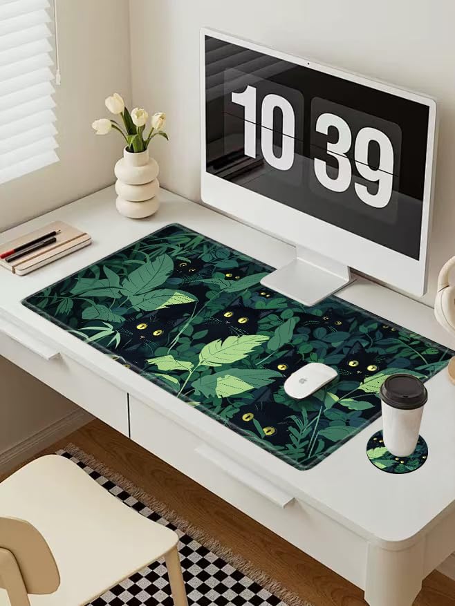 Gaming Mouse Pad Black Cute Cat Desk Mat Large Mousepad 31.5''X15.75'' Desk Pad XXL Computer Mat