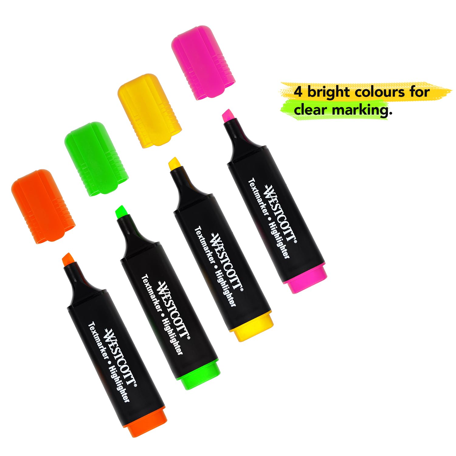 Westcott Highlighters 4 pieces in green, yellow, orange, pink | Pack of 4 brightly coloured