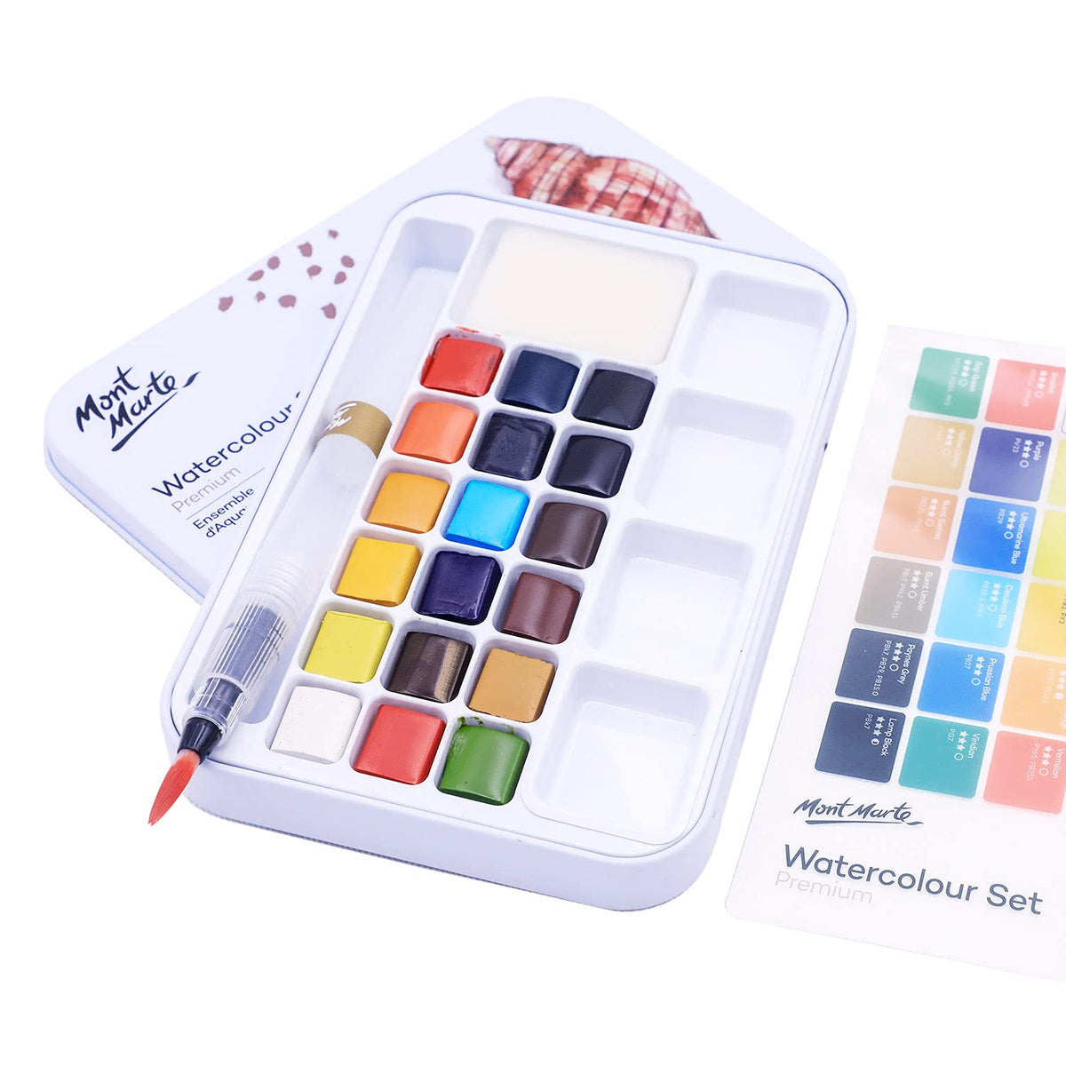 Mont Marte Premium Watercolor Cake Set, 21 Piece, 18 Colors, 1 Water Brush, 1 Sponge, 4 Mixing Wells