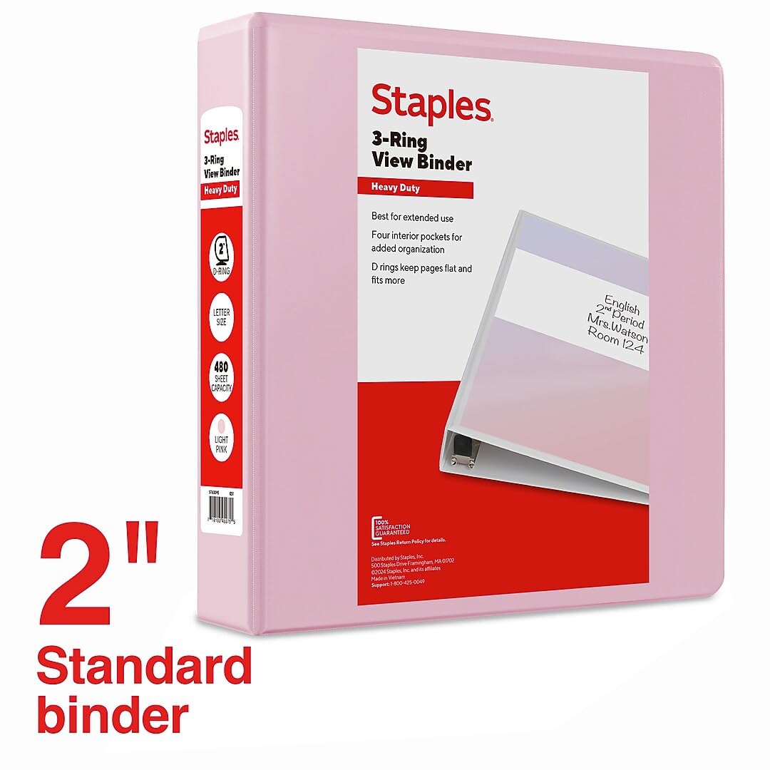 Staples Heavy-Duty 2-Inch 3-Ring View Binder, D-Ring, Light Pink
