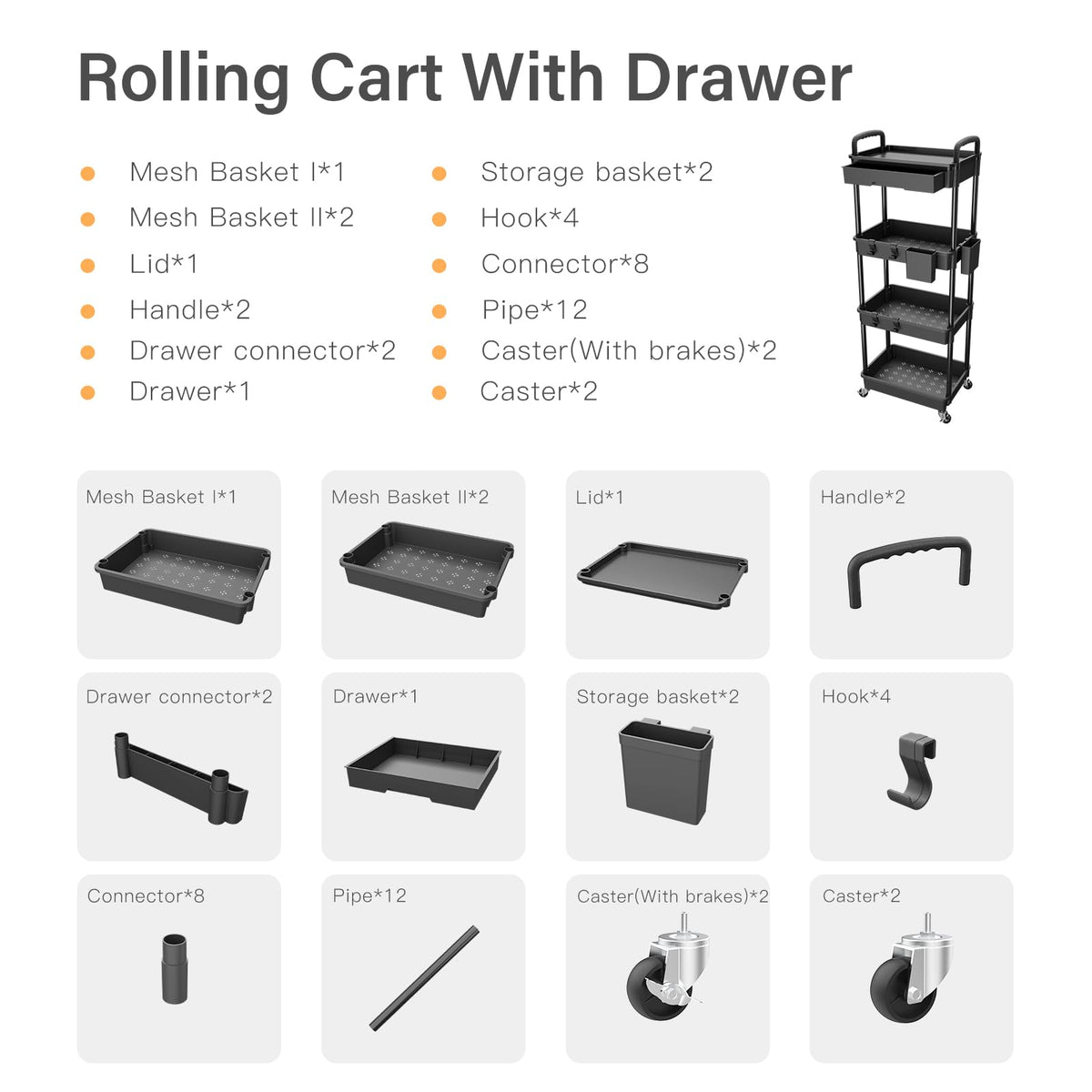 4 Tier Rolling Utility Cart with Drawer,REBECAT Utility Cart Made of Multifunctional Storage