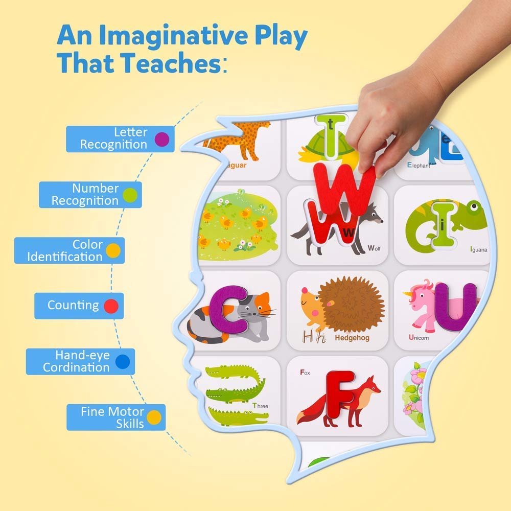 Coogam Numbers and Alphabets Flash Cards Set - ABC Wooden Letters and Numbers Animal Pattern Board