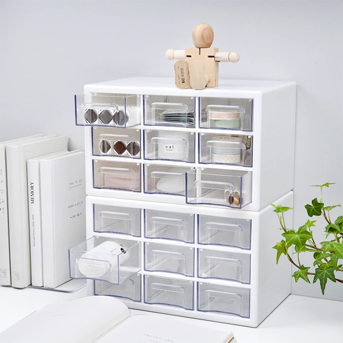 Desk Storage Organizer with 9 Drawers, MYKASEN Clear Plastic Storage Cabinet, Stackable Desk