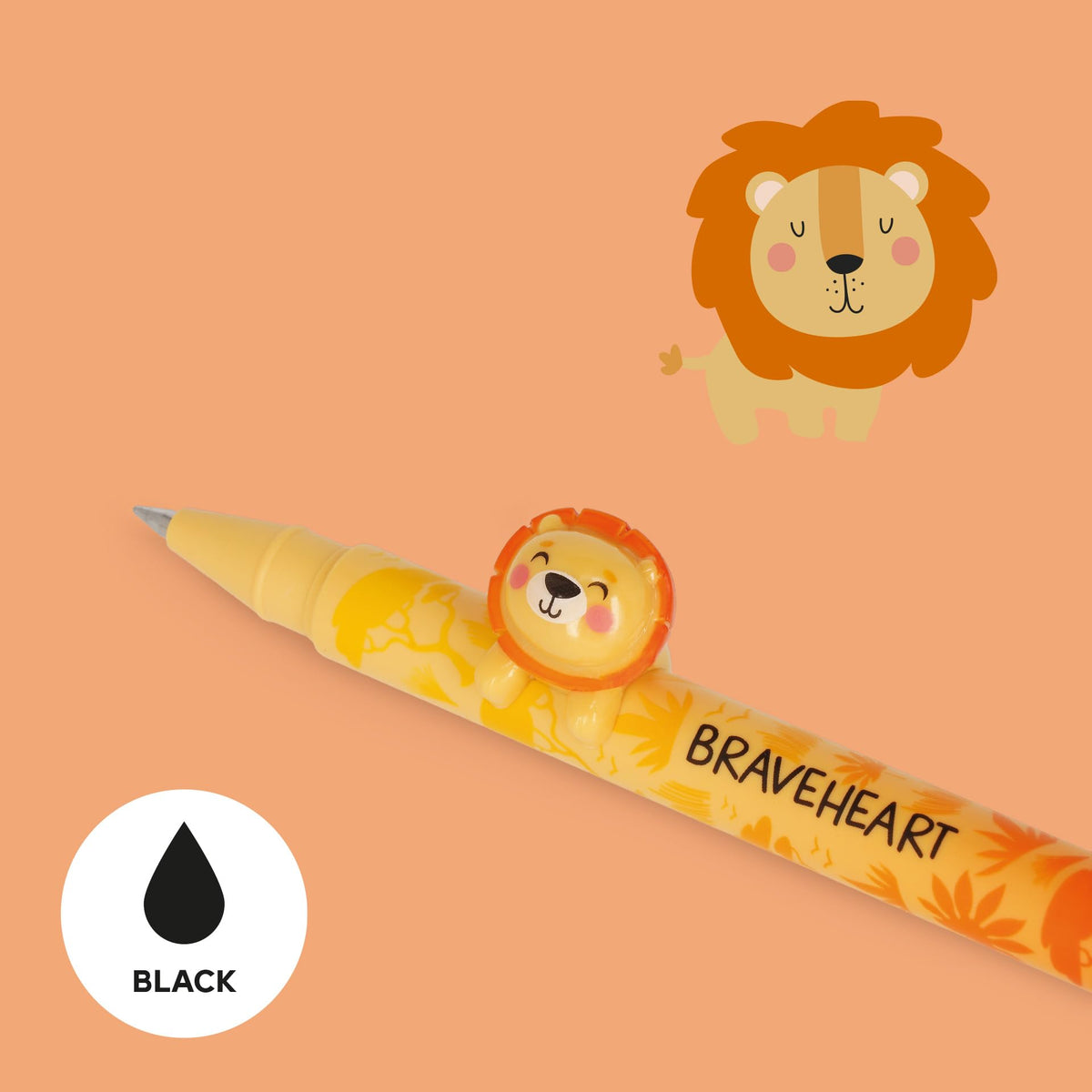Legami - Gel Pen with Decorative Animal - Lovely Friends, Lion Theme, Avoid Rolling, Black Ink