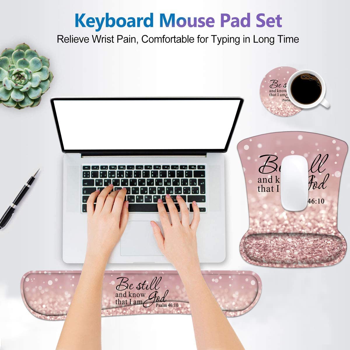 Keyboard Wrist Rest and Mouse Wrist Rest Pad Set with Coasters, Ergonomic Support, Non-Slip PU