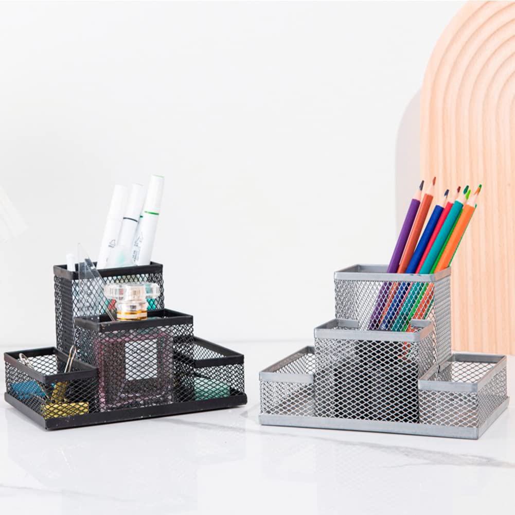koofull 2 Packs Desk Organizer Desktop Mesh Pen Pencil Holder Caddy with 4 Compartments, Office