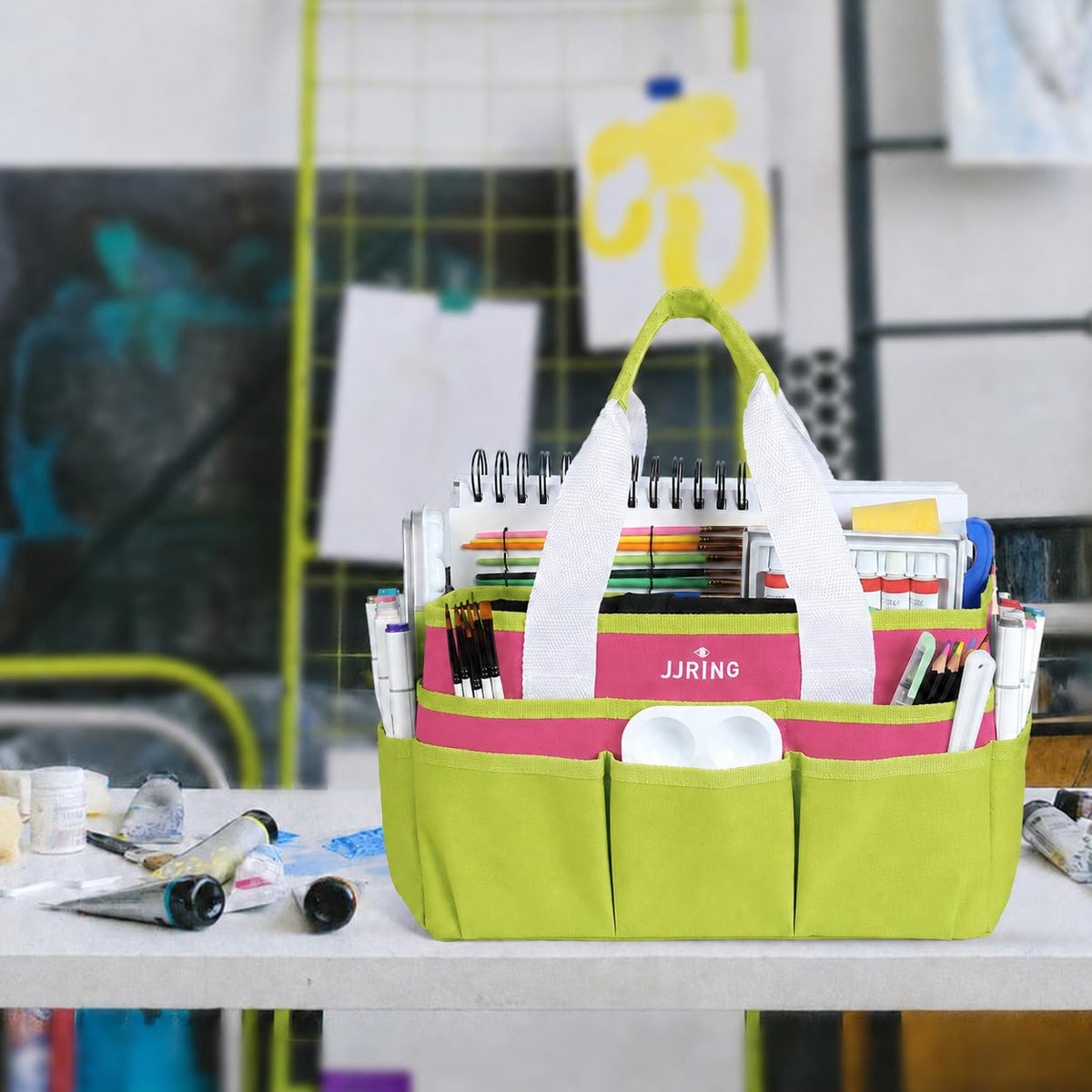 JJRING Craft Organizer Tote Bag Art Storage Caddy Bright Green and Red