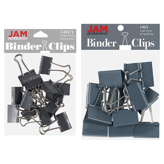 JAM PAPER Colorful Binder Clips Assortment - Medium & Large Size - Grey Binderclips - 27 Clips/Pack