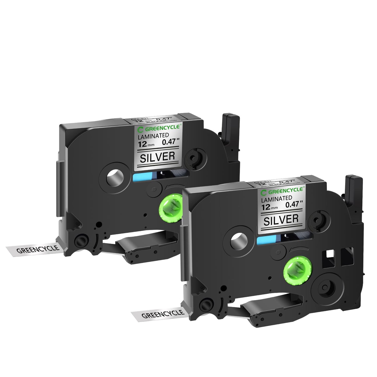 GREENCYCLE 2 Pack Replacement AZE Tapes 12mm 0.47 Inch 1/2" Black on Silver Laminated Label Tape