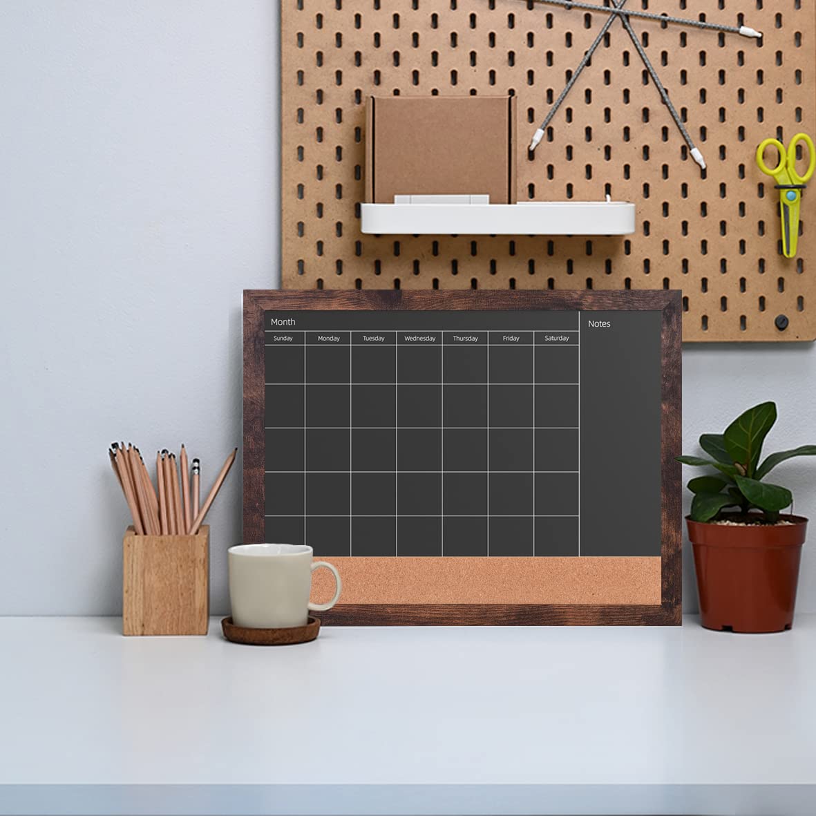Umtiti Chalkboard Calendar & Cork Bulletin Board，13" x 17" Brown Wood Frame，Magnetic Surface