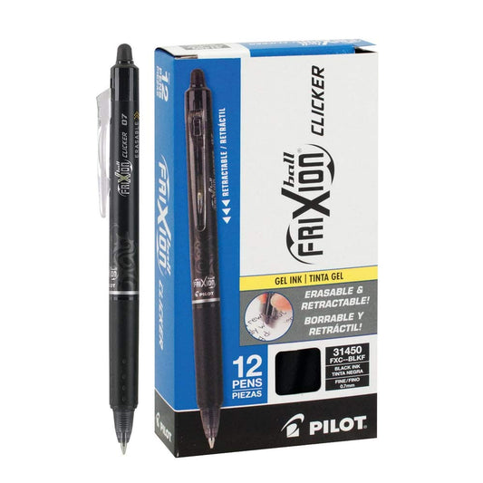 Pilot FriXion Ball Clicker Retractable Erasable Gel Pen, Fine Point, 0.7mm, Black Ink, 12 Count