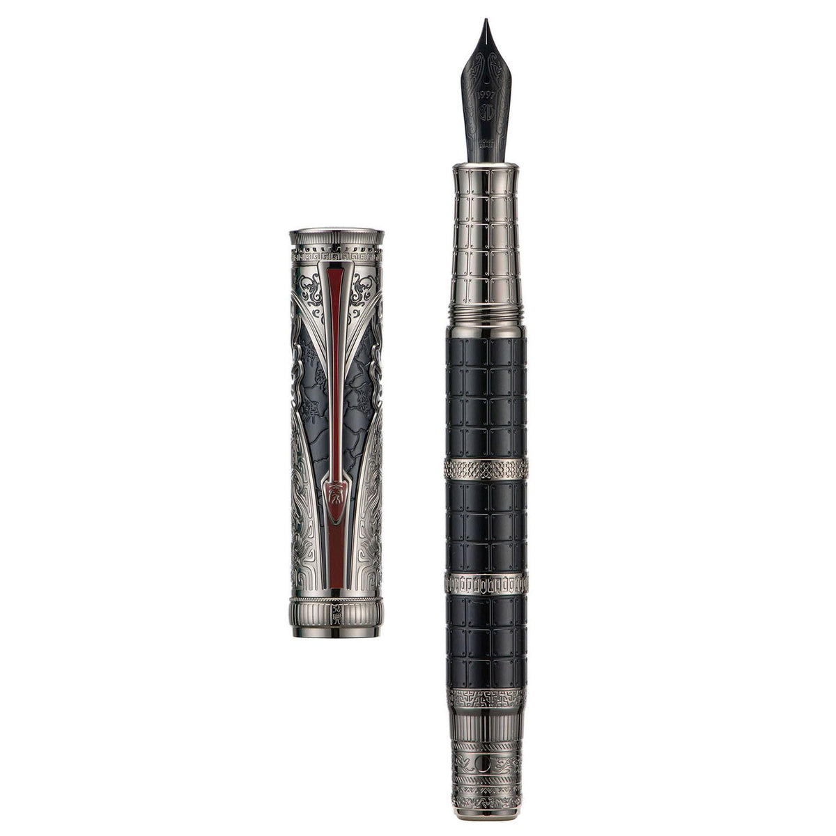 Hongdian D5X Fountain Pen Black Fine Nib, Qin Dynasty Retro Chinese Totem Engraving with Converter