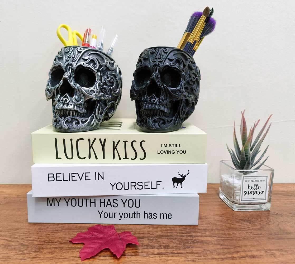 CUZOKOLA Gothic Skull Decor Makeup Brush Holder Vanity Decor with Strong Resin,Pen Holder for Home