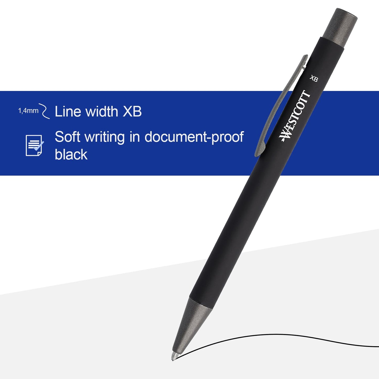 Westcott Premium Ballpoint Pen, Set of 5, Black Ballpoint Pens Made of Aluminium, Document Safe