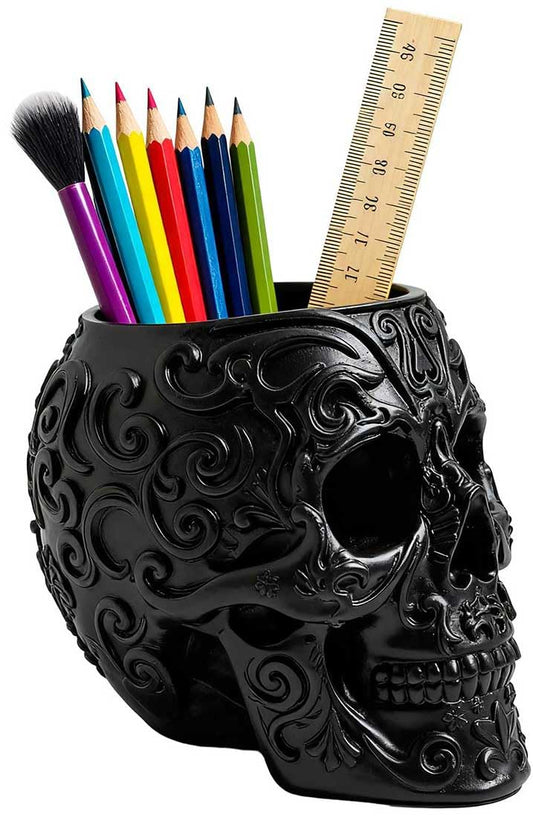 CUZOKOLA Goth Accessories Black Skull Decor for Pen Holder with Strong Resin,Skull Makeup Brush