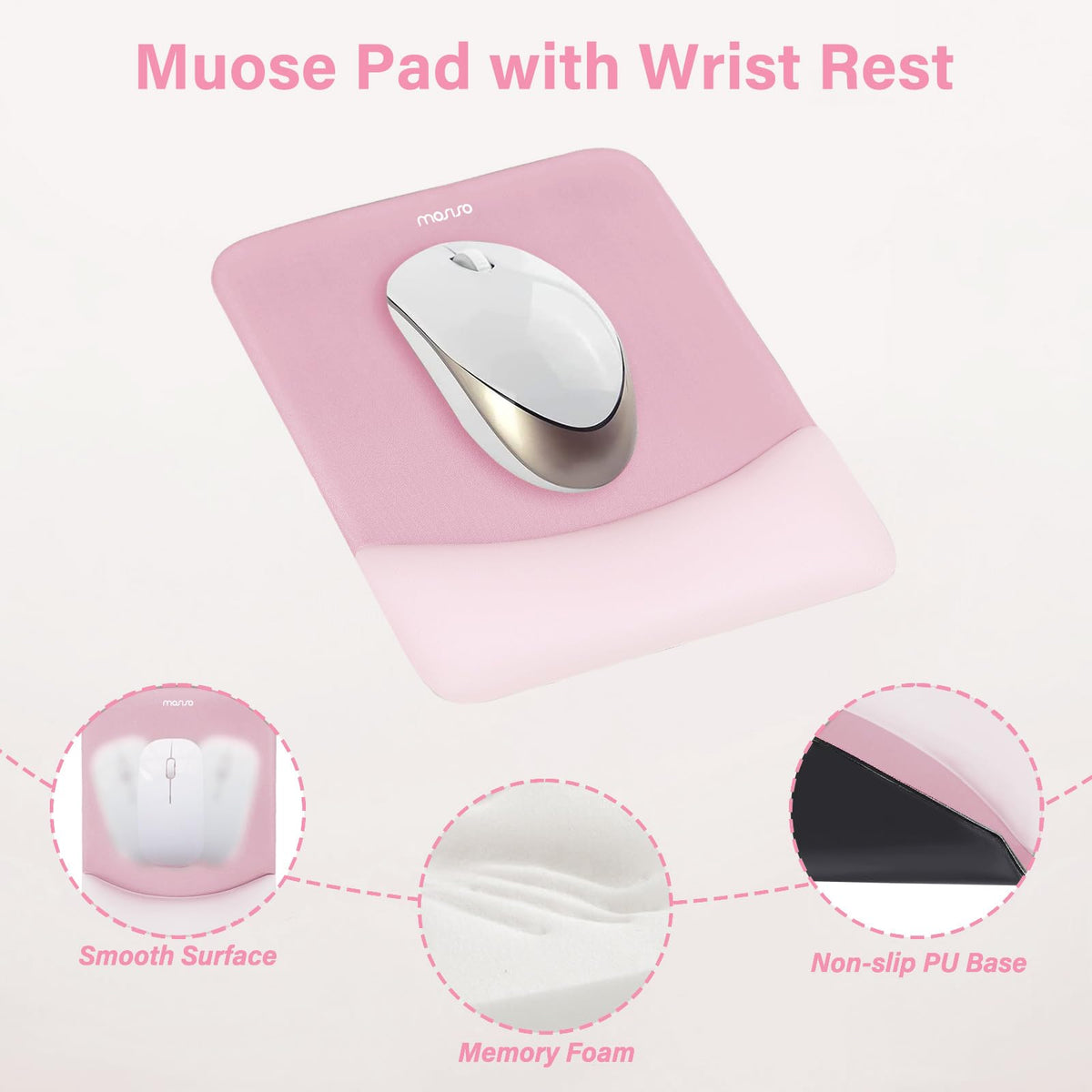 MOSISO Wrist Rest Support Mouse Pad & Keyboard Set, Pink