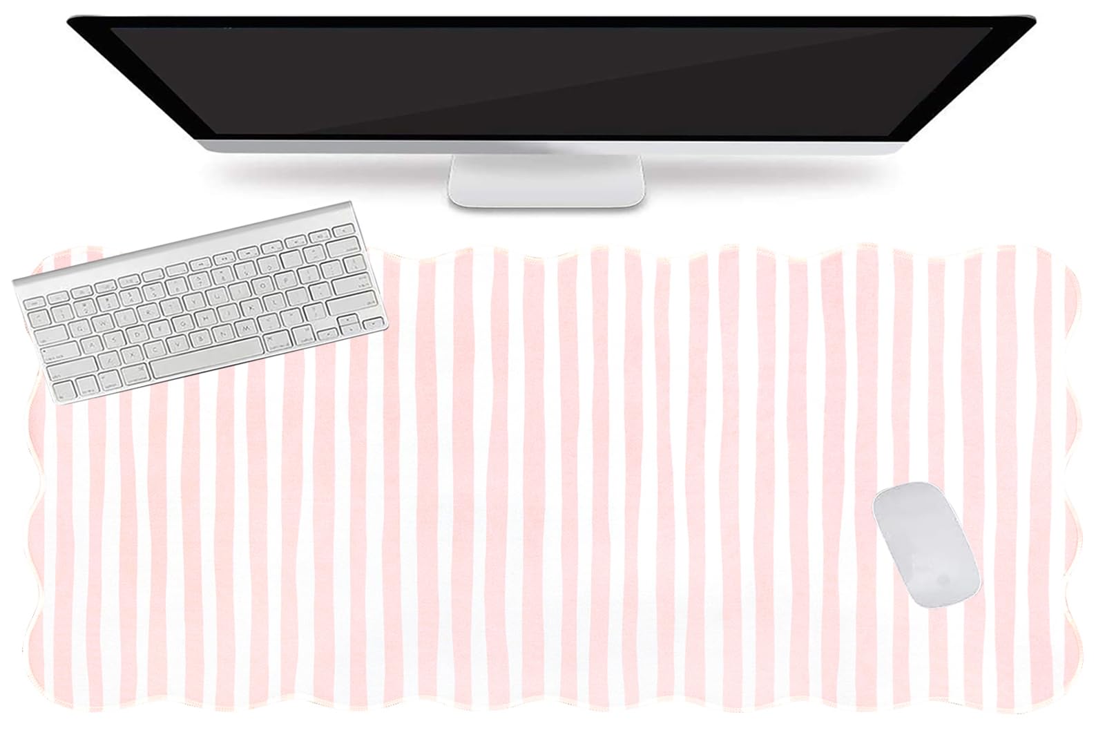 L-SPOUTTO Pink Striped Mouse Pad,Scalloped Desk Mat XXL Large Geometric Gaming Mousepad,35.4x15.7in