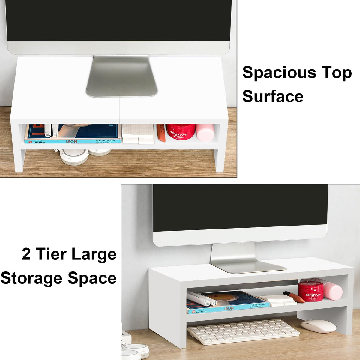 TEAMIX 20 inch White Monitor Riser Stand - 2 Tiers, Wood Desktop Bookshelf