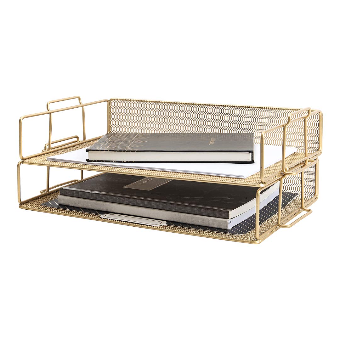 BLU MONACO | Paper Tray Stackable Gold Mesh Set of 2 | Stackable File Trays for Desk Organization |
