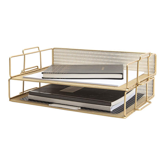 BLU MONACO | Paper Tray Stackable Gold Mesh Set of 2 | Stackable File Trays for Desk Organization |